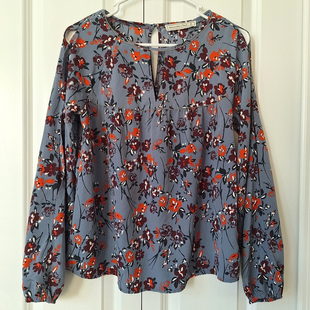 Abercrombie & Fitch Womens Blue Floral Open Sleeve Keyhole Bohemian Blouse Small